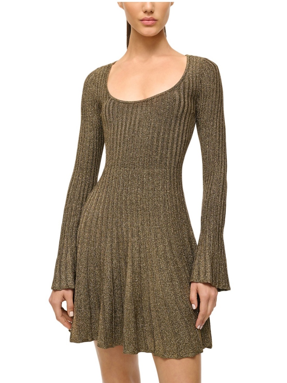 NWT Staud Raquel Metallic Gold Knit Skater Dress